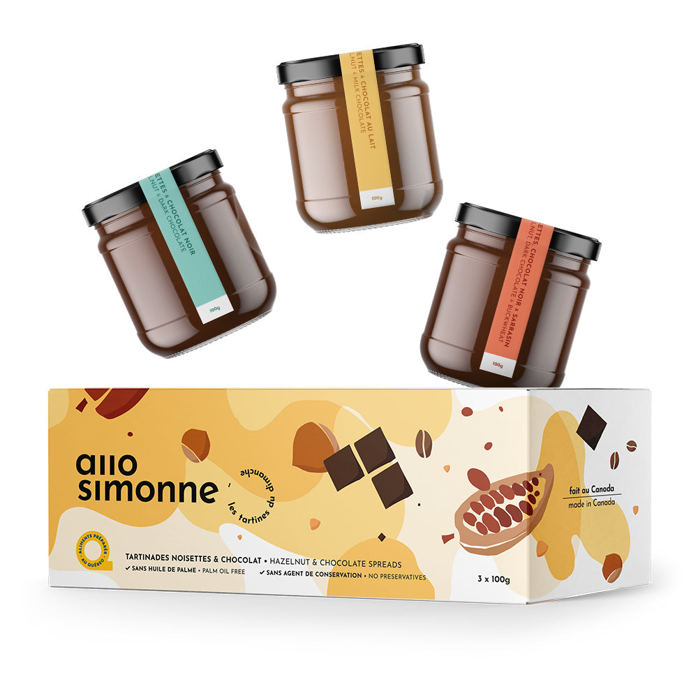 Coffret Trio Jaune de Tartinades de chez Allo Simonne (noisettes chocolat noir, chocolat au lait et sarrasin)