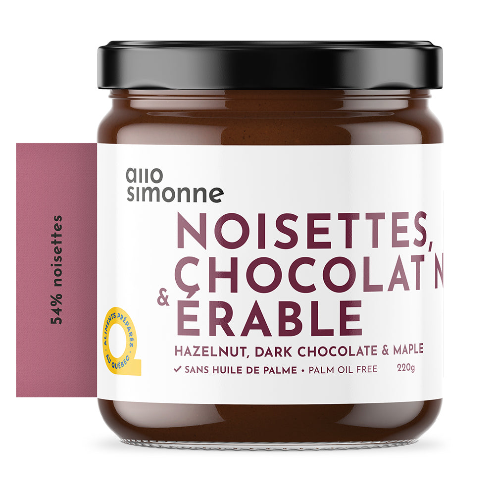 Pot de Tartinade Noisettes Chocolat Noir et Érable de chez Allo Simonne