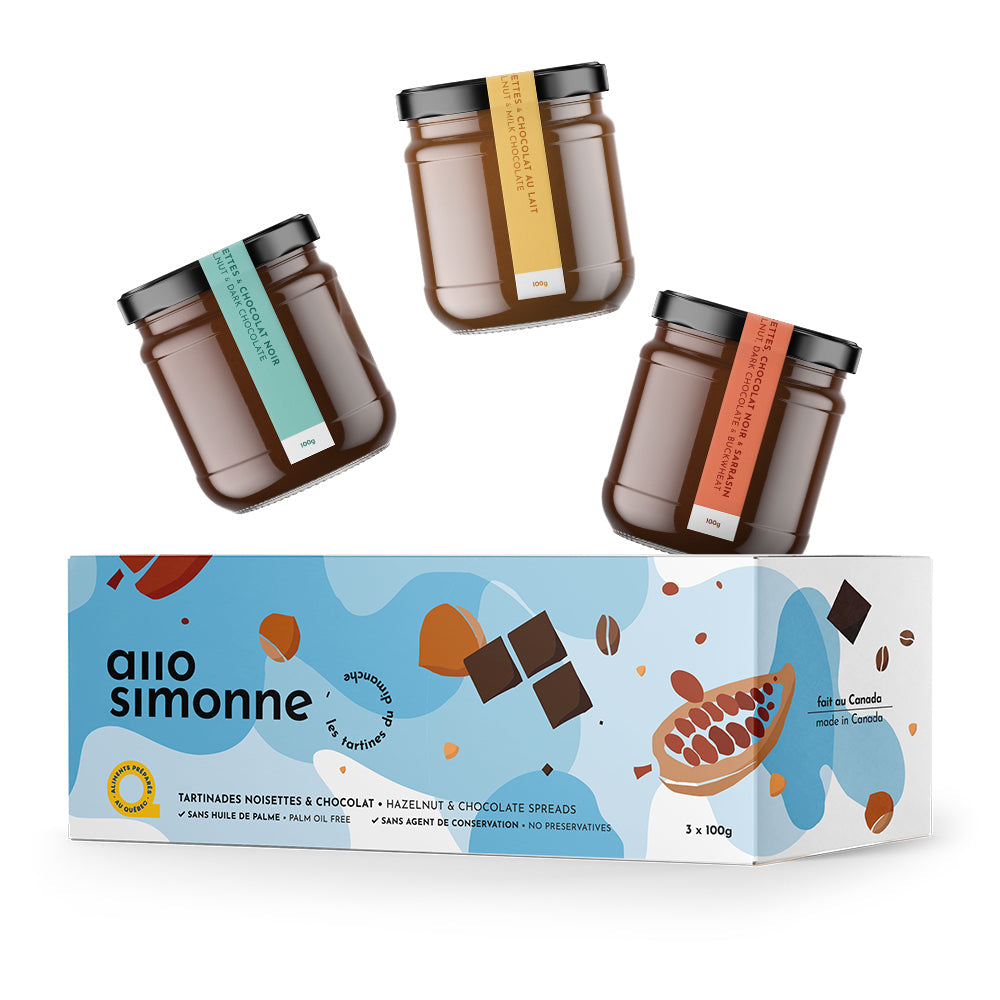 Coffret Trio Bleu de Tartinades de chez Allo Simonne (noisettes chocolat noir, café et érable)